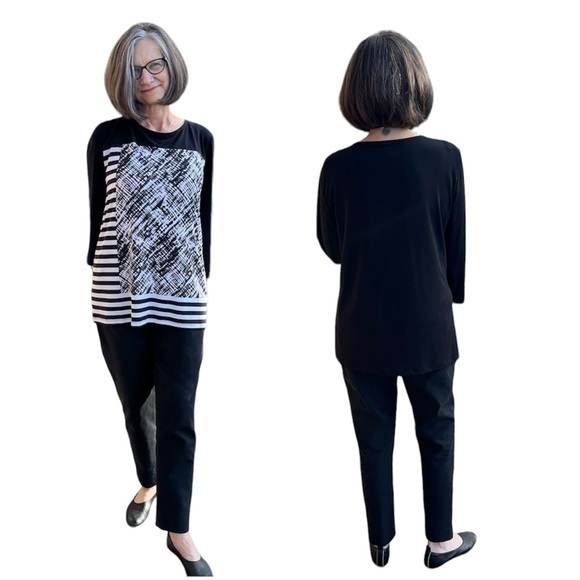 Black and white color block top with three quarter sleeve - Picture 1 of 7